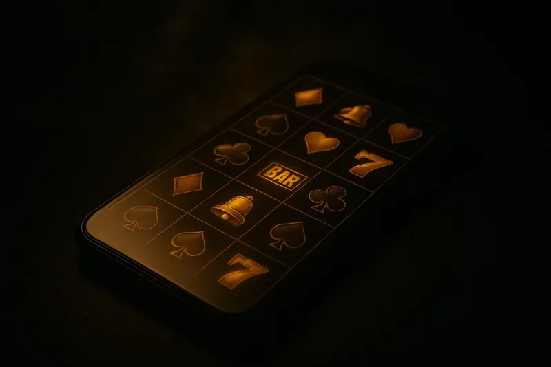 Smartphone with glowing casino game grid on dark textured surface