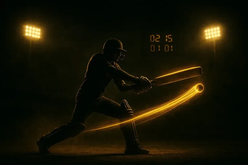 Cricket athlete in motion with neon speed trail under stadium floodlights
