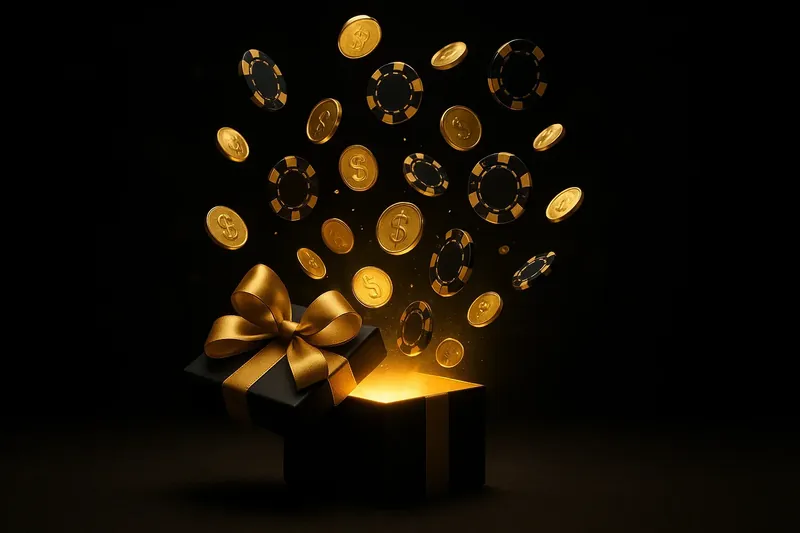 Premium gift box opening with gold light, casino chips and coins