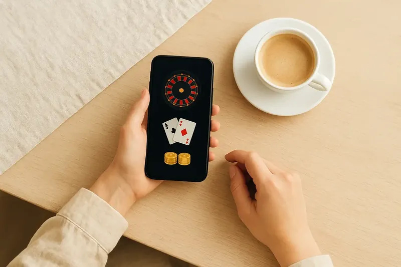 Person at cafe table using smartphone with dark casino app beside coffee