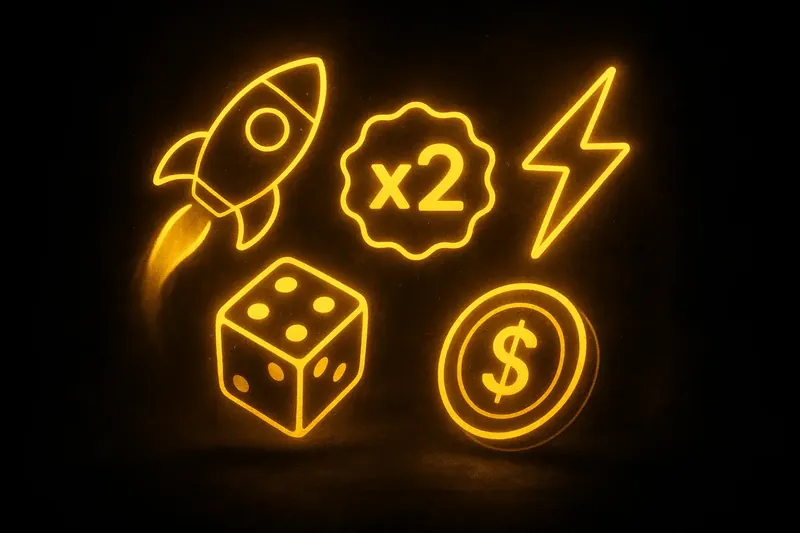 Neon Game Icons Glowing instant game icons with rocket, dice, coin, and lightning